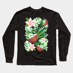 Lime in Coconut with Pink Plumeria Flowers Tropical Summer Pattern Long Sleeve T-Shirt